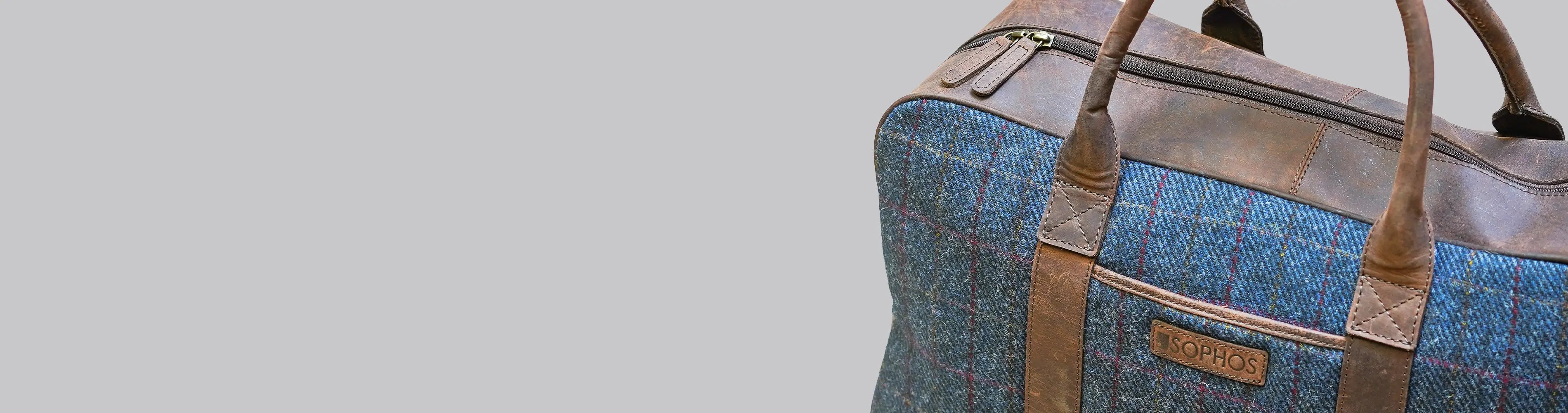Sophos Lifestyle Blue Harris Tweed and Brown Leather Holdall Overnight Bag